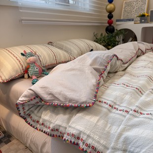 田园小红花全棉提花色织水洗纯棉四件套北欧1.8m被套床单床笠床品