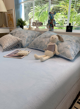 ins简约浅蓝色加厚牛奶绒法兰绒床笠1.8米1.5m床单单双人冬季保暖