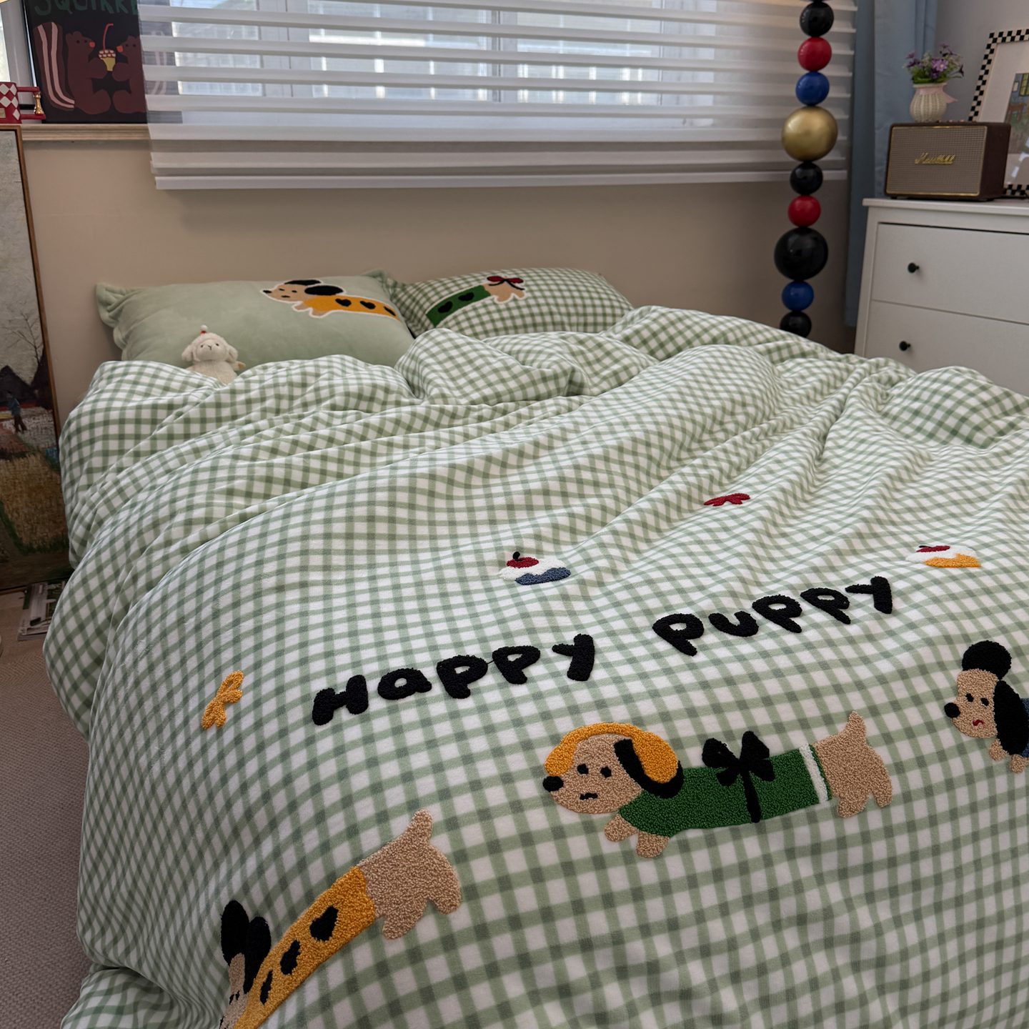 秋冬绿色格子加厚毛巾绣汪星床上四件套牛奶绒珊瑚绒三件套1.8米