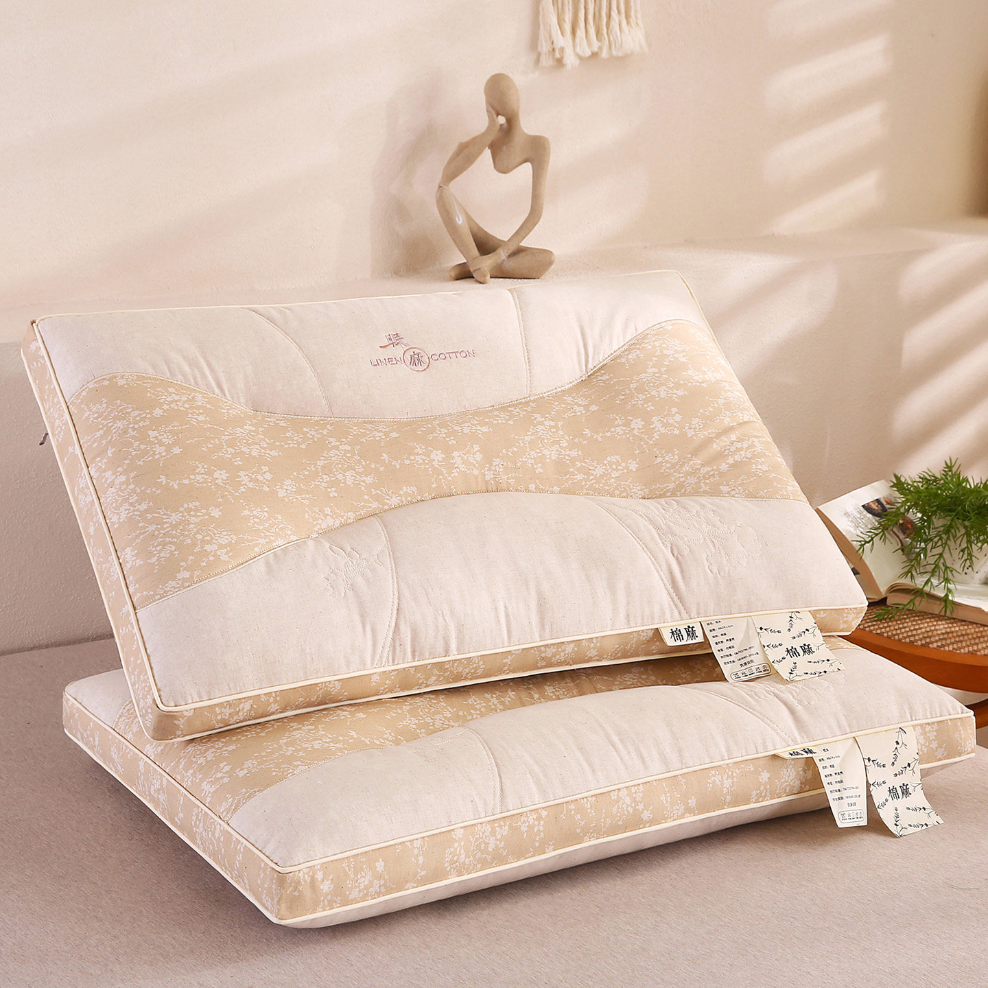 少女民宿酒店枕头棉麻定型枕助睡眠超软中枕舒适亚麻枕芯四季通用