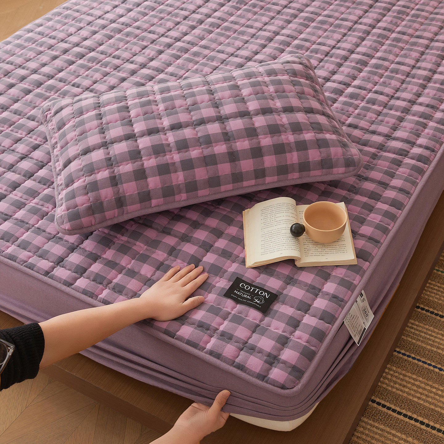 紫色格子2026新款全棉夹棉床笠防滑床垫罩纯棉水洗棉床笠三件套,床上用品,床笠,淘宝优惠券,粉丝福利购,淘宝优惠卷