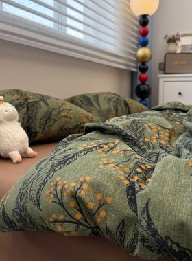 美式绿色田园加厚保暖磨毛四件套全棉纯棉1.8m被套床单北欧风床品