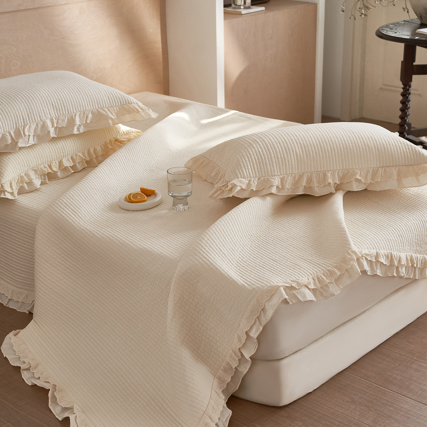 60支双面全棉砂洗花边床盖三件套全棉夹棉床单单件榻榻米防滑四季,床上用品,床盖,淘宝优惠券,粉丝福利购,淘宝优惠卷