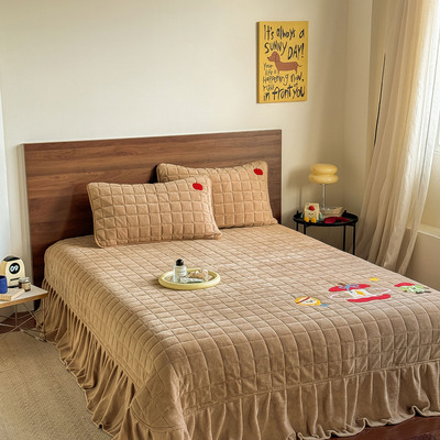 卡通毛巾绣牛奶绒床盖单件冬季加厚夹棉床单加绒榻榻米炕单三件套