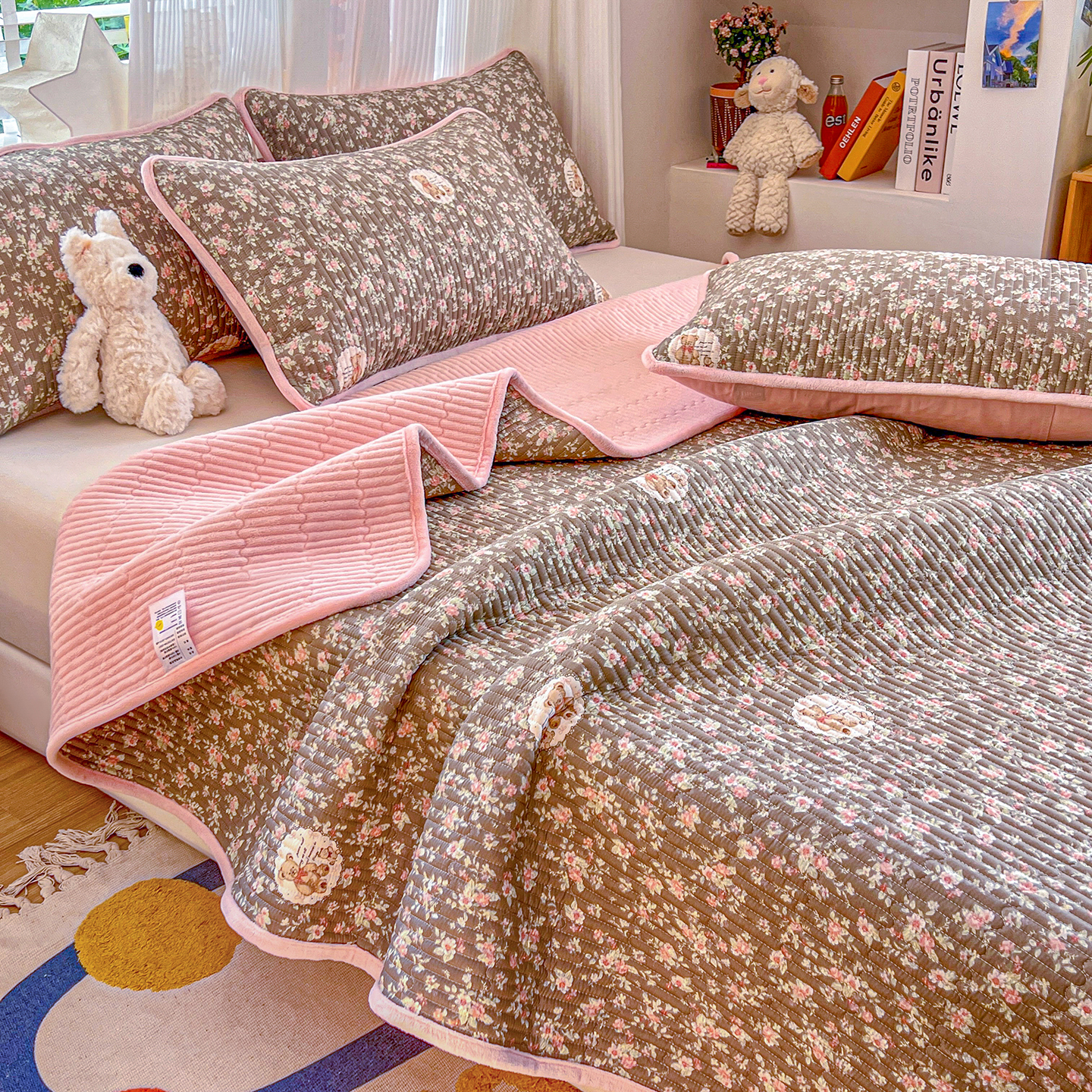 ins少女心牛奶绒小碎花床盖单品珊瑚绒秋冬学生宿舍床上三件套3