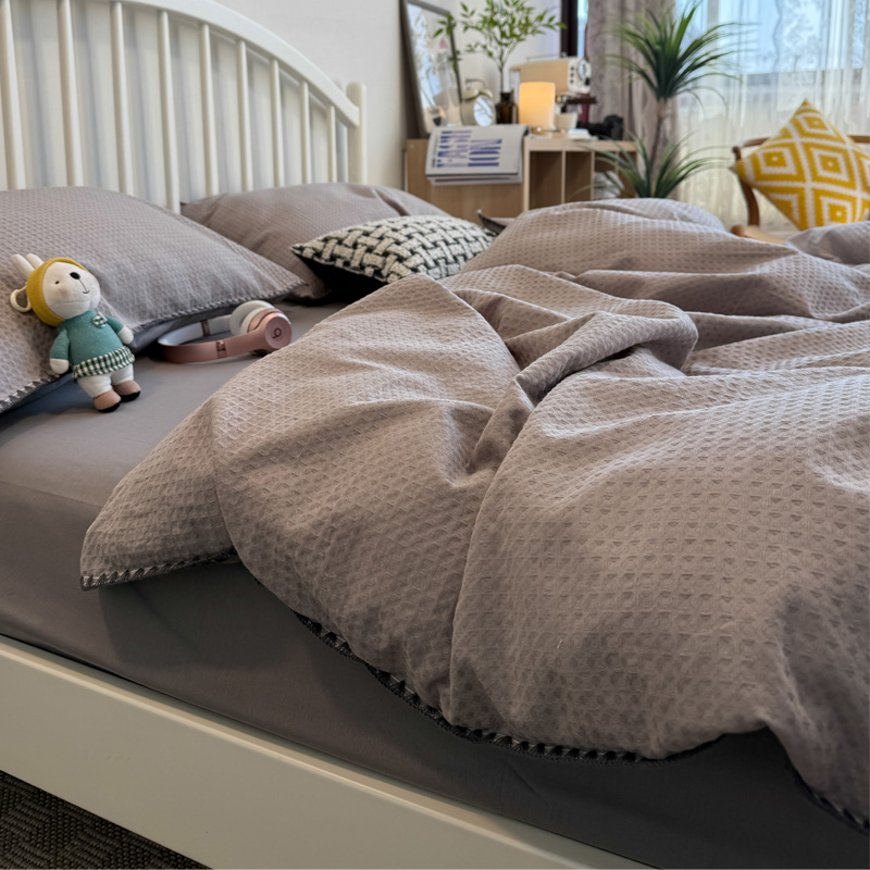 北欧简约风男生耐脏华夫格床上四件套全棉纯棉1.5m被套床单三件套