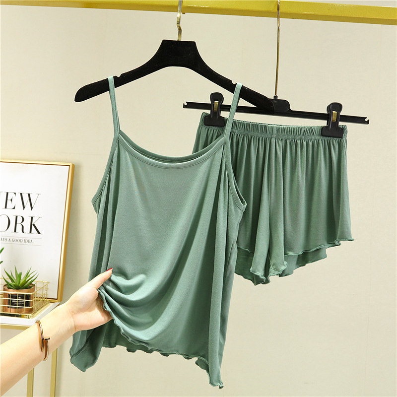 莫代尔小吊带睡衣套装女夏薄款冰丝背心两件套短裤学生休闲居家服