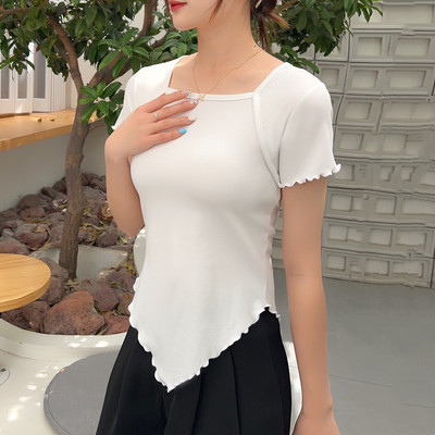 下摆不规则短袖上衣女夏纯棉新款圆领内搭T恤修身显瘦纯色打底衫