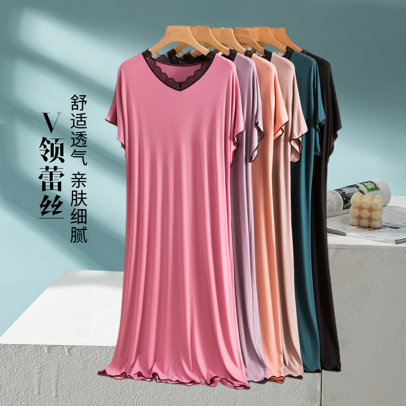 莫代尔蕾丝睡裙女夏可外穿宽松短袖v领连衣裙睡衣大码长款家居服
