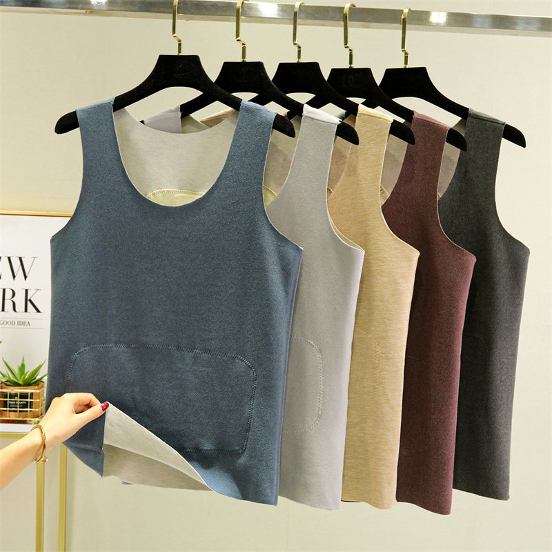 无痕保暖背心男士加绒加厚秋冬季内穿德绒发热纯色无袖t恤打底衫