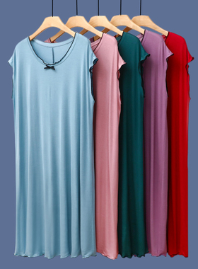 莫代尔睡裙女夏季宽松无袖连衣裙大码a字裙中长款过膝家居裙薄款