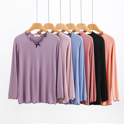 莫代尔女士睡衣单件上衣居家长袖t恤女简约花边春秋季薄款家居服