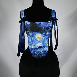 3062新款 印花背心 双层面料鱼骨胸衣油画系列保暖肩带台版
