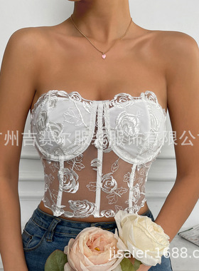 2023爆款外贸欧美INS风热销蕾丝网纱玫瑰抹胸龙骨小背心现货9434