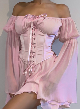 雪纺一字肩不规则连衣裙束腰套装亚马逊欧美气质通勤短裙网纱女装