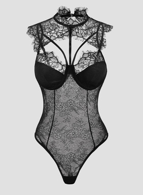 新款欧美性感辣妹风吊带睫毛蕾丝显透视百搭连体衣10958