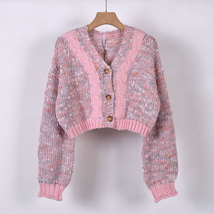 小个子靓妹女新品粗针针织毛衣开衫V领长袖宽松显瘦高腰短款上衣