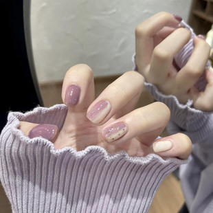 萤火虫纯手工穿戴甲贴片 秋冬气质显白跳色晕染金箔美甲成品短款