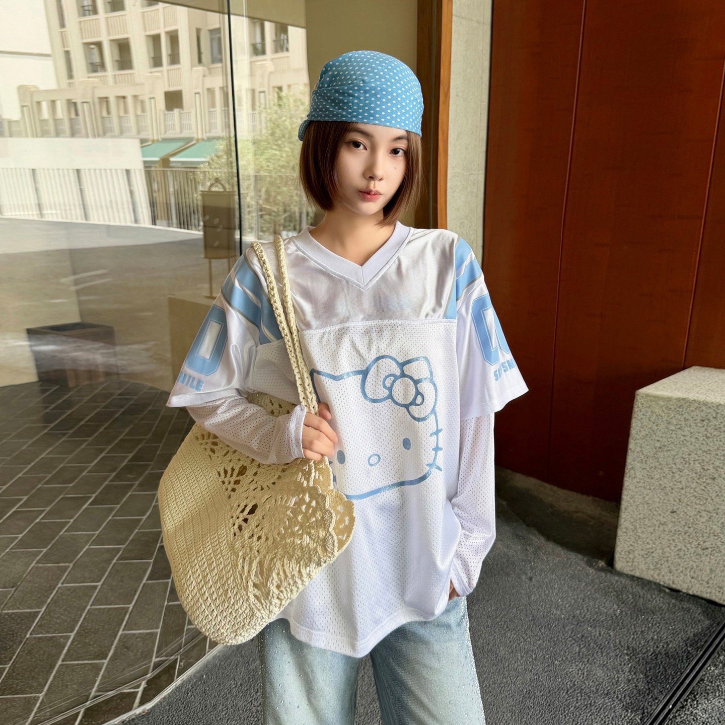 卡通猫咪头像印花宽松T恤女