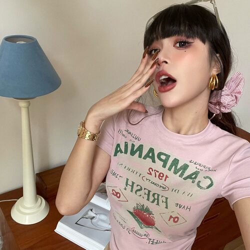 复古草莓印花短袖T恤女