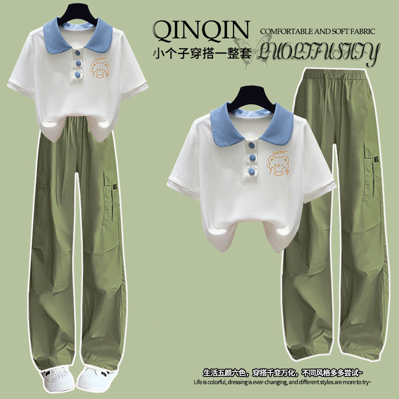 【上衣纯棉】运动套装少女夏装活泼女孩娃娃领短袖工装裤两件套