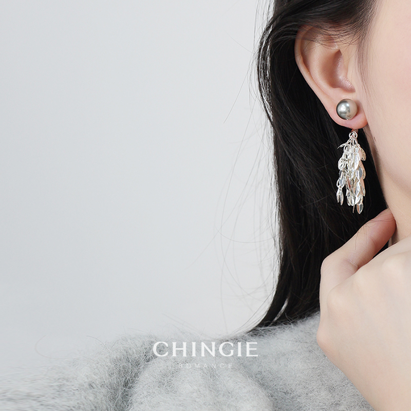 灰珍珠流苏叶子秋冬款耳环