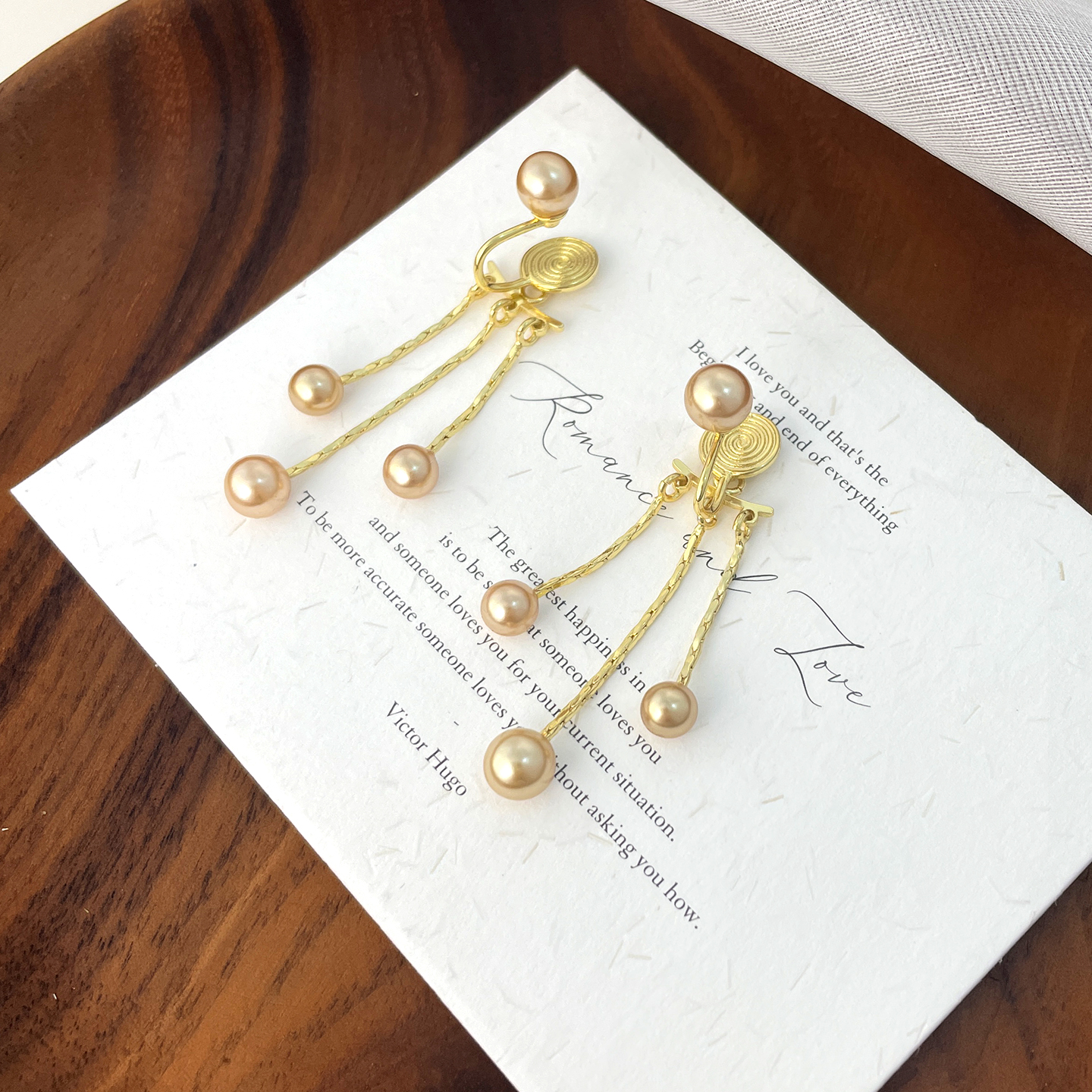 青芥法式咖金色珍珠流苏耳夹