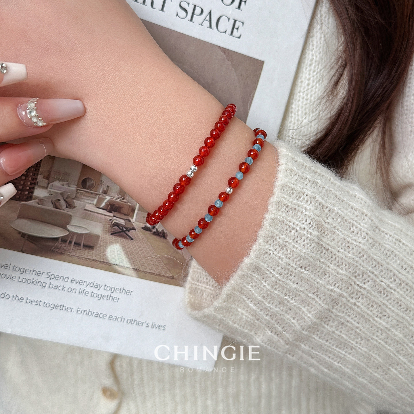 青芥天然红玛瑙猫眼石串珠手链