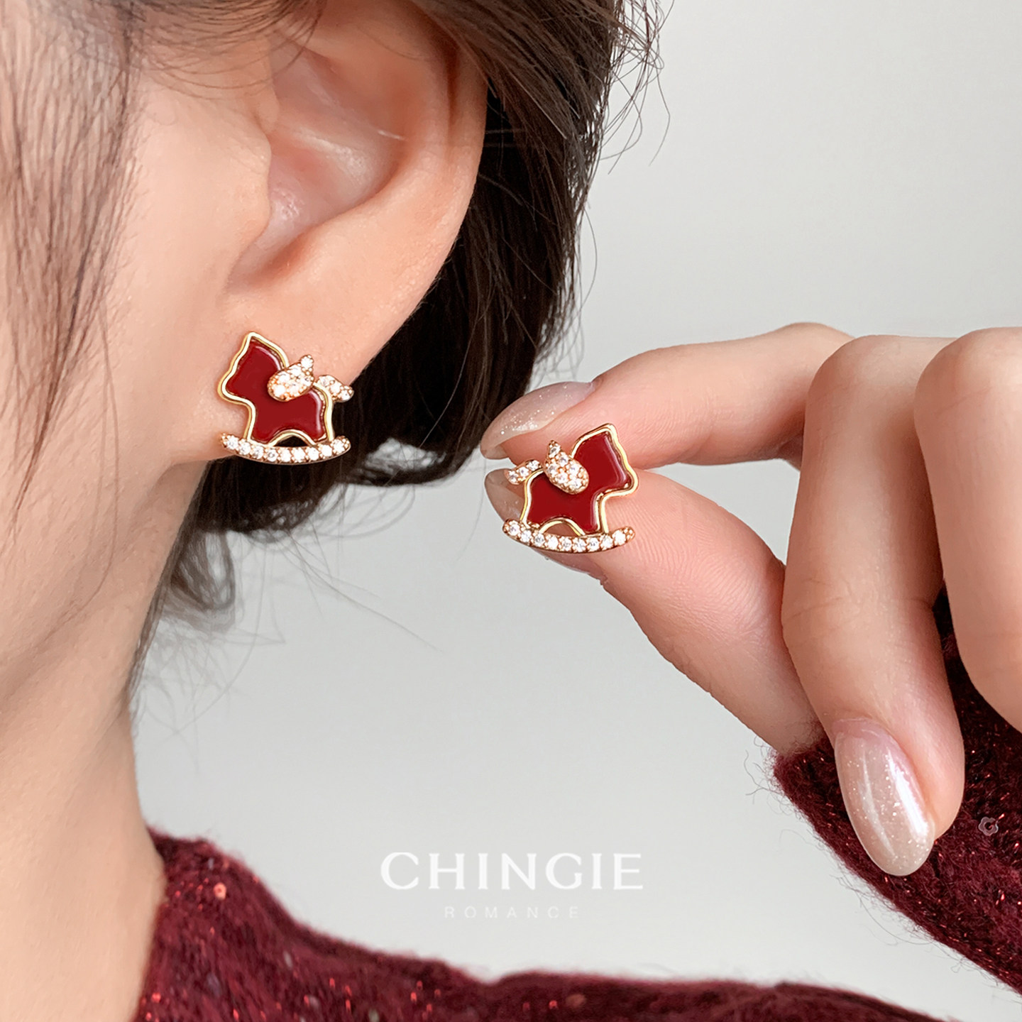 「青芥」新年红色锆石小马耳环马年本命年耳饰轻奢高级感耳钉耳夹,饰品/流行首饰/时尚饰品新,耳夹,淘宝优惠券,粉丝福利购,淘宝优惠卷