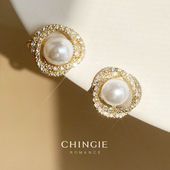chingie青芥高级感无耳洞女法式 复古蚊香盘珍珠耳夹精致简约锆石