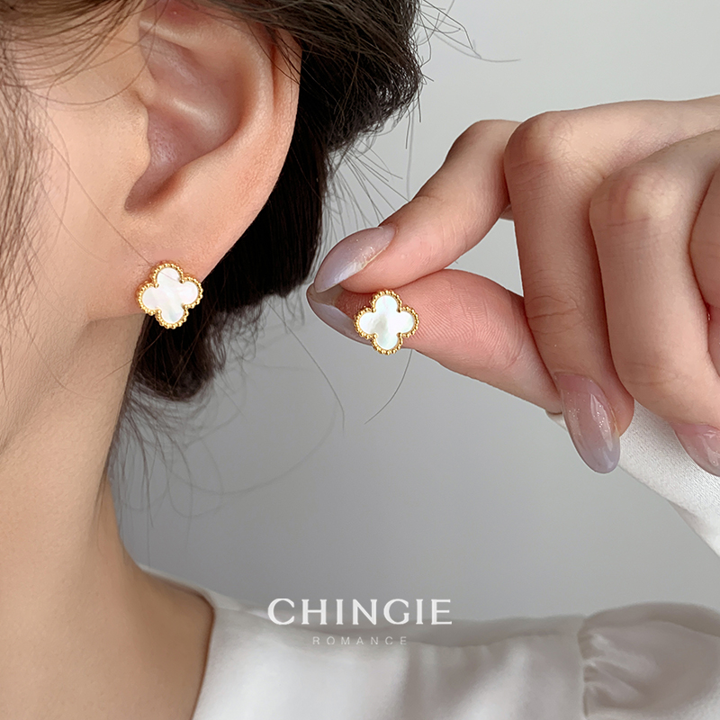 青芥天然贝母四叶草耳夹耳钉