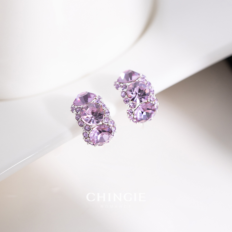 青芥温柔气质紫色锆石耳夹耳饰