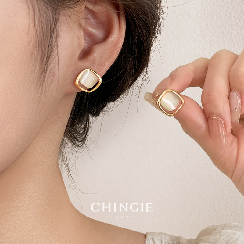 青芥方块猫眼石耳夹耳钉