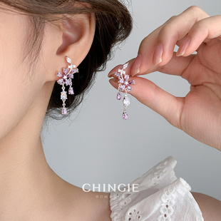 法式 浪漫紫色花朵耳饰轻奢高级感水滴流苏无耳洞耳夹独特漂亮耳环