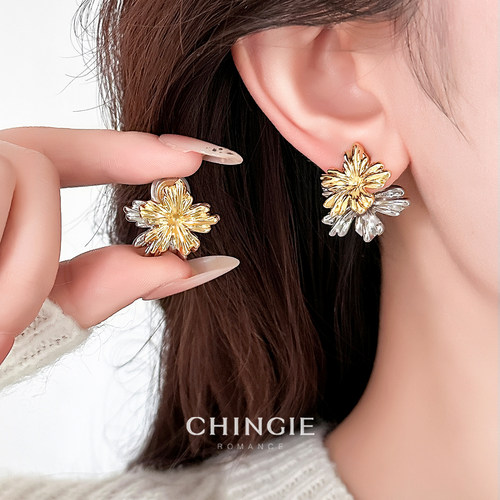 青芥金银双色立体花朵耳环