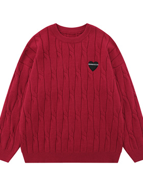 美式复古松弛感爱心刺绣红色学院风麻花毛衣女秋冬情侣针织衫上衣