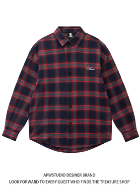 APWSTUDIO潮红色格子衬衫男秋季潮牌宽松美式复古衬衣长袖外套女