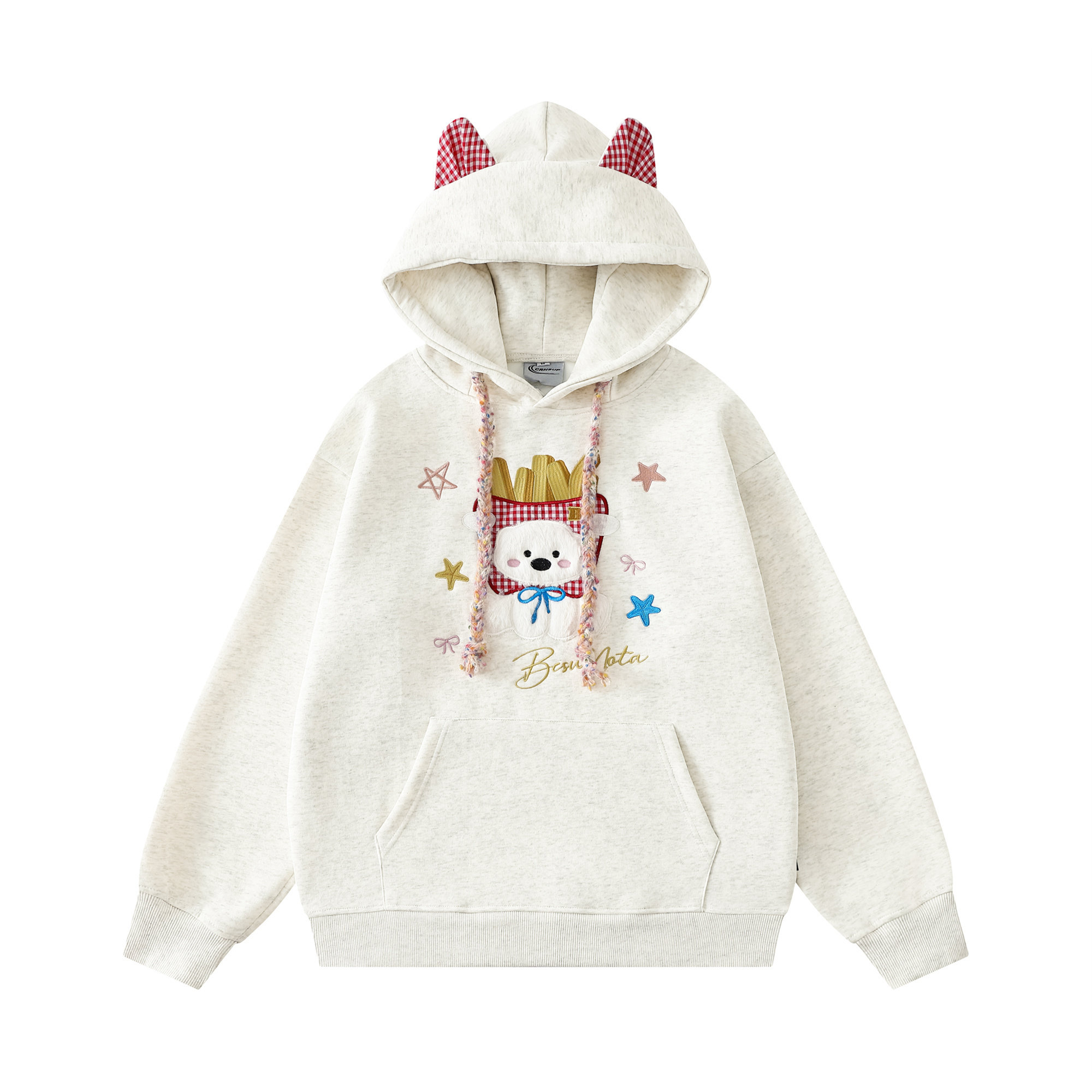 趣味可爱刺绣薯条小狗耳朵连帽卫衣女秋季宽松韩系慵懒风chic帽衫