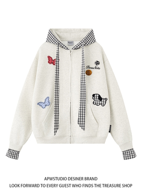 APWSTUDIO美式蝴蝶小狗格纹刺绣拉链外套男女秋学院风假两件卫衣