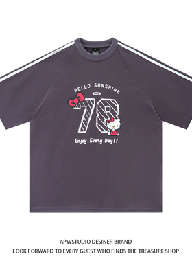 APWSTUDIO美式复古kiti猫拼色短袖体恤女潮牌宽松休闲情侣半袖t恤