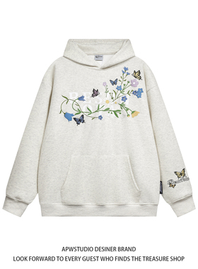 APWSTUDIO美式刺绣花卉情侣卫衣女秋冬新款宽松潮牌oversize外套