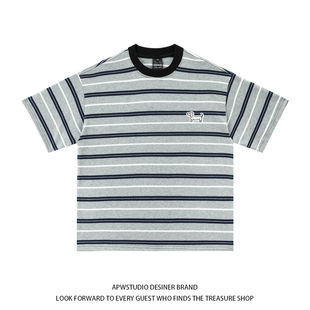 APWSTUDIO潮牌复古条纹短袖 tee T恤男女街头宽松bf风情侣休闲半袖