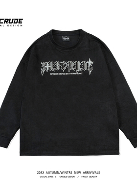 美式字母印花圆领卫衣男款秋季新款美式潮牌环保麂皮绒长袖上衣女