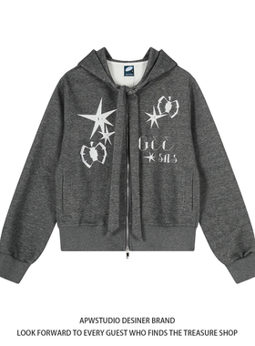 美式字母印花绑带连帽卫衣女秋季街头休闲百搭双拉链开衫外套上衣