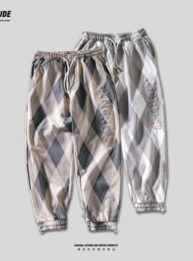 潮牌白灰格子运动裤男裤子大码卫裤加肥加大青少年宽松休闲束脚裤