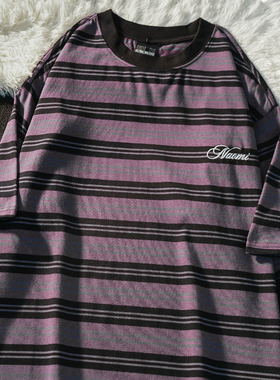 美式复古紫色氛围感条纹撞色字母刺绣短袖t恤男女夏季宽松半袖tee