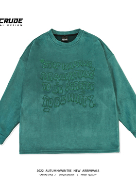 春秋美式潮牌设计感小众长袖T恤情侣复古做旧刺绣圆领卫衣男女衫