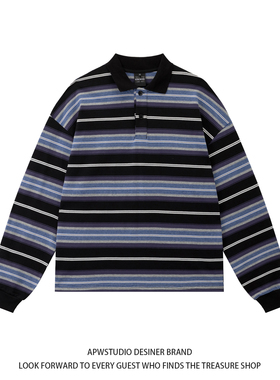 APWSTUDIO美式拼色条纹polo领字母刺绣上衣翻领长袖情侣T恤新女