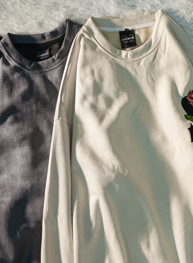 国潮字母玫瑰刺绣长袖T恤男女春秋情侣款宽松休闲风长袖t恤2025潮