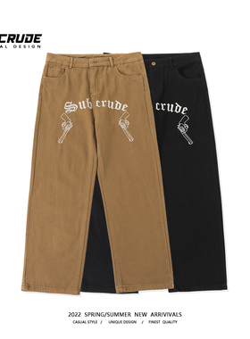 直筒裤子男春秋款刺绣裤子男生秋季工装男裤阔腿男士宽松休闲长裤